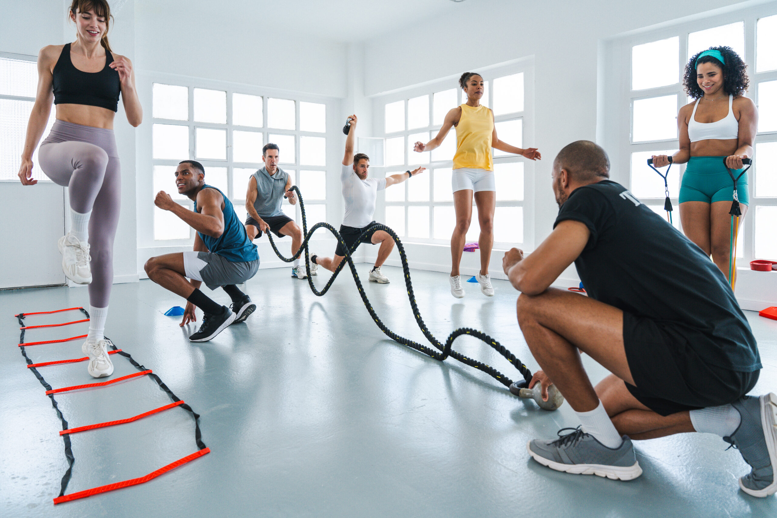 Multiethnic group of sportive people doing functional workout in training class gym multi-ethnic athletes exercising with a personal trainer